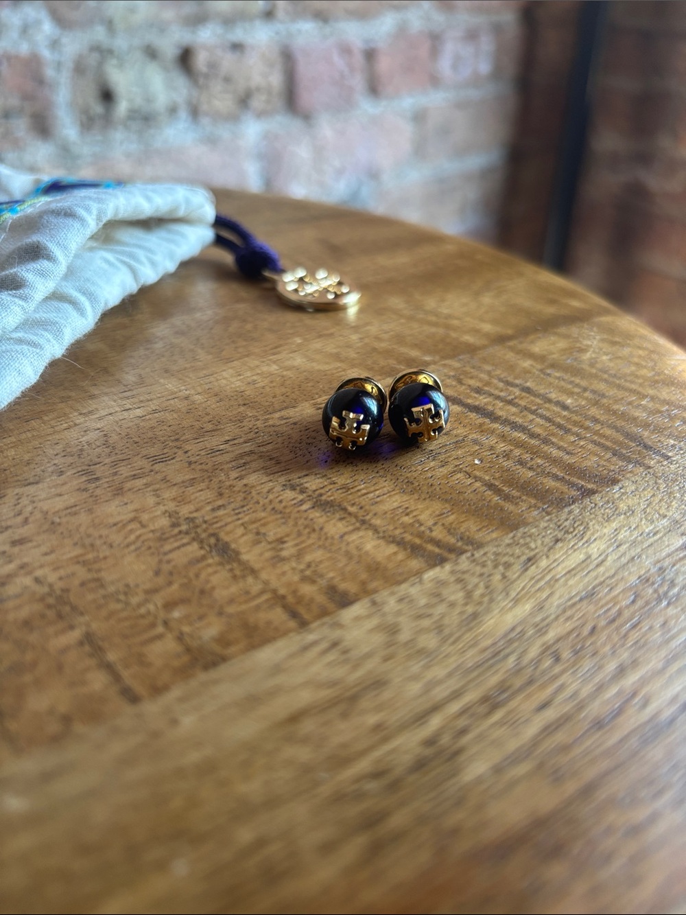 Tory Burch Gold-Tone Navy Logo Stud Earrings
